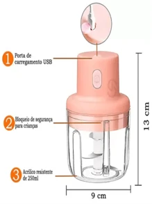 Mini Processador Triturador Sem Fio Elétrico 250ML De Alimentos Para Legumes Alho Gengibre - Multicolorido - Visão 3