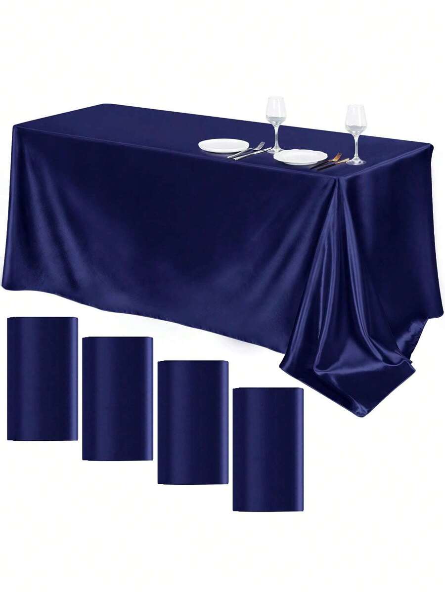1pc Burgundy/Gold/Silver/Purple/Black/Green Simulated Silk Rectangle Tablecloth/Table Runner For Wedding, Party, Gathering, Restaurant - Navy Blue - View 1