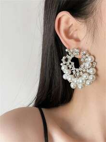 1pair Silver-Tone Asymmetrical Round Shape Pearl & Rhinestone Decor Vintage Style Earrings - Silver - View 3