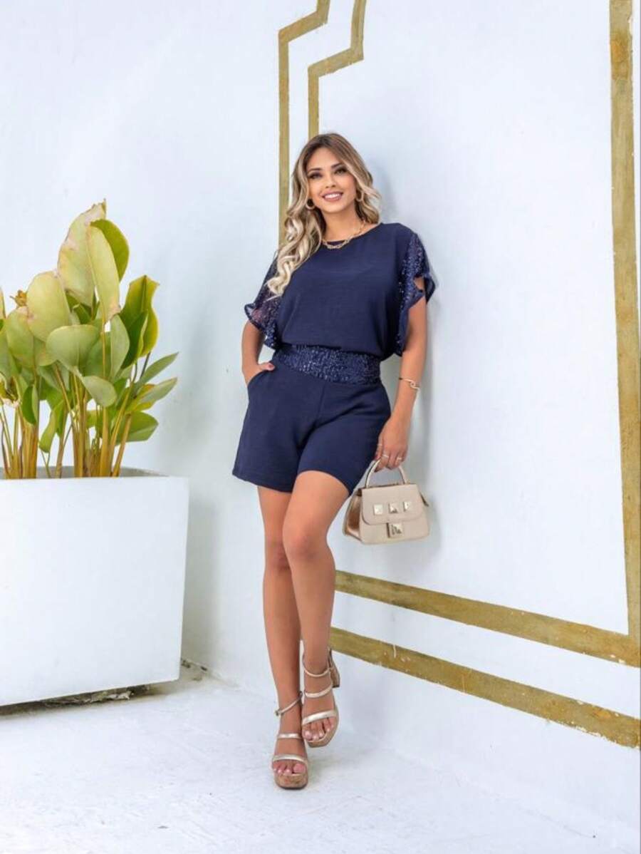 Conjunto Paetê Duna Camiseta Shorts Chique Festa Réveillon