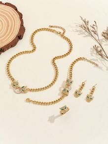 Ensemble De Bijoux En Acier Inoxydable Plaqué Or 18k Avec Tête De Léopard, 5 Pièces