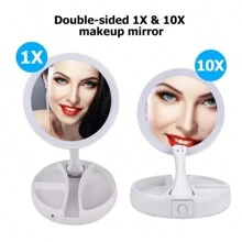 1pc Foldable Makeup Mirror With Led Light Storage Box Organizer, Double Sided 1X & 10X Magnifying Retractable Mirror For Table, Vanity, Cosmetic - White - View 4