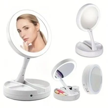 1pc Foldable Makeup Mirror With Led Light Storage Box Organizer, Double Sided 1X & 10X Magnifying Retractable Mirror For Table, Vanity, Cosmetic - White - View 2