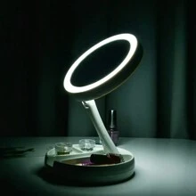 1pc Foldable Makeup Mirror With Led Light Storage Box Organizer, Double Sided 1X & 10X Magnifying Retractable Mirror For Table, Vanity, Cosmetic - White - View 6