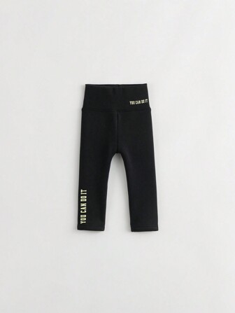 女童休閒時尚的拼色字母紋保暖高腰彈性緊身褲,鯊魚褲,適用於冬季