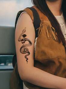 1 Pieza Tatuaje Temporal Grande De Serpiente Larga Y Patrón De Rosa Negra Para Brazo, Pecho, Abdomen, Espalda Y Cuerpo - Negro - Ver 4