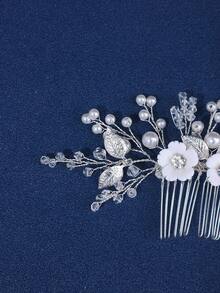 Bride's White Crystal & Soft Ceramic Hair Accessory; Bride's Crystal Wedding Jewelry - Silver - View 4