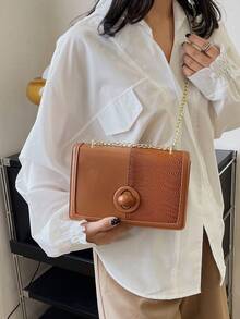 1pc Brown Crocodile Patterned Flap Shoulder Bag, Fashionable Small Square Handbag - Brown - View 3