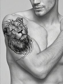 1 pieza Tatuaje temporal de león genial, calcomanía de tatuaje de león feroz para el brazo, la pierna, el pecho, tatuaje falso resistente al agua y vívido adecuado para hombres y mujeres - Negro - Ver 3