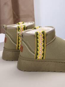 Women's Winter Thick Bottom Snow Boots, Vintage Woven, Stylish, Antifreeze, Short Boots With Thick Plush, Khaki