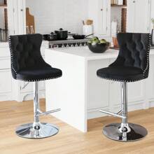 2/4/6 Piece Set Adjustable Swivel Bar Stools, Dining Bar Chairs With Velvet Tufted Back, Metal Base, Footrest For Home Bar, Dining Room, Kitchen Island. - 黑銀 - 查看 1