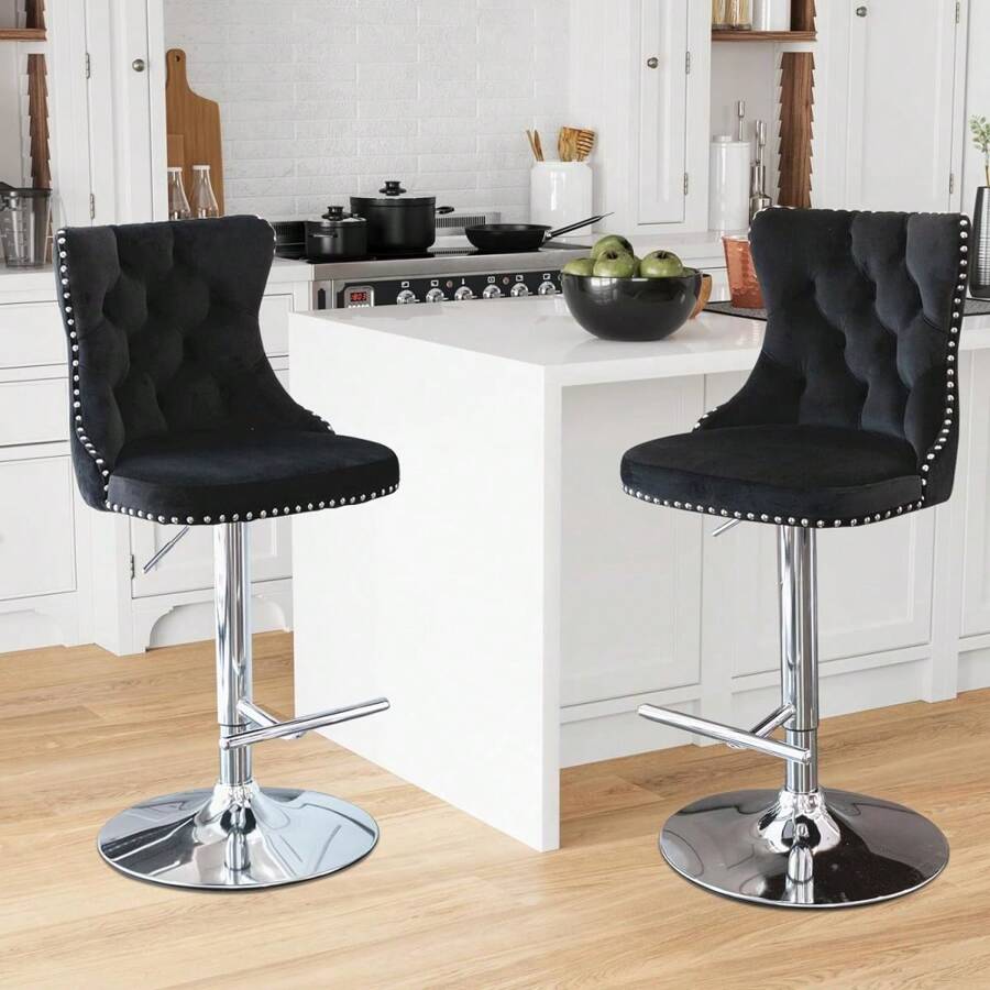 2/4/6 Piece Set Adjustable Swivel Bar Stools, Dining Bar Chairs With Velvet Tufted Back, Metal Base, Footrest For Home Bar, Dining Room, Kitchen Island. - 黑銀 - 查看 1