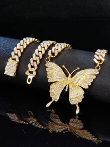 閃亮的蝴蝶項鍊吊飾閃亮的靈石吊墜項鍊項圈閃亮的舞會項鍊珠寶嘻哈項鍊女性和女孩的配飾 - 金色 - 查看 10