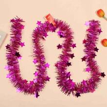 1pc 78.74inch/200cm Pink Christmas/New Year Decoration Tinsel Garland With Star Shaped Ribbon Bow, Ideal For Party/Home/Wedding Diy Decorations, Tree Decoration - Hot Pink - View 3