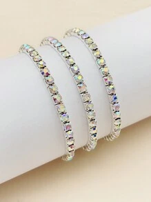 3pcs Sparkling Crystal Rhinestone Elastic Silver Bangle Bracelets For Party And Formal Occasions - Silver - View 2