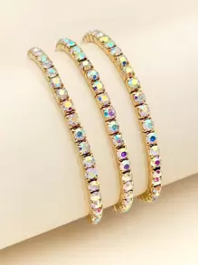 3pcs Sparkling Crystal Rhinestone Elastic Silver Bangle Bracelets For Party And Formal Occasions - Silver - View 3