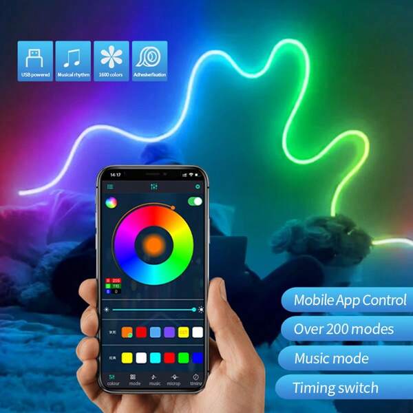 1pc 1/2/3m Colorful Atmosphere RGB-IC Neon Light Strip For Background Desktop With TV LED Backlight, USB 5V, Rainbow Color LED TV Light, For Home Theater, Bedside, Living Room, Gaming Room, App Control, Music Sync LED Strip, Christmas Decoration Light