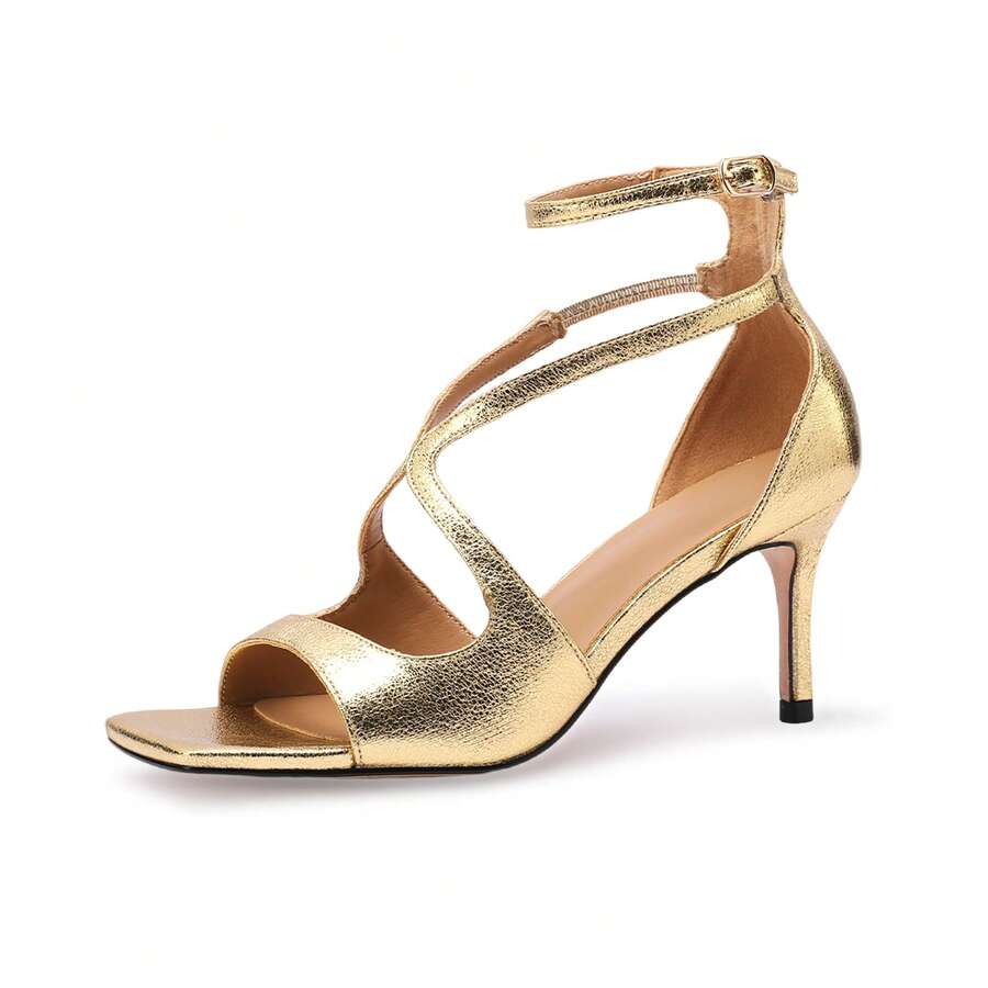 Women's Sandals Ankle Strap Open Round Toe Stiletto Heel Sandals - Vàng - Xem 1