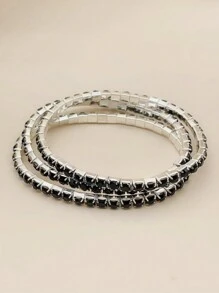 3pcs Sparkling Crystal Rhinestone Elastic Silver Bangle Bracelets For Party And Formal Occasions - Silver - View 10