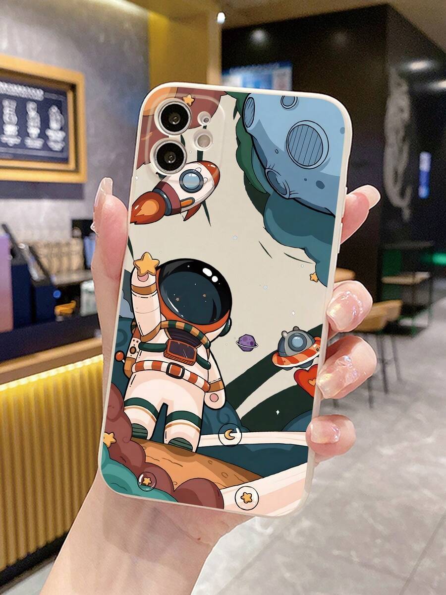 1pc Space Astronaut Gazing At Universe Pattern Milky Phone Case, Compatible With Apple/samsung/xiaomi/redmi/vivo/oppo A16 - Beige - View 1