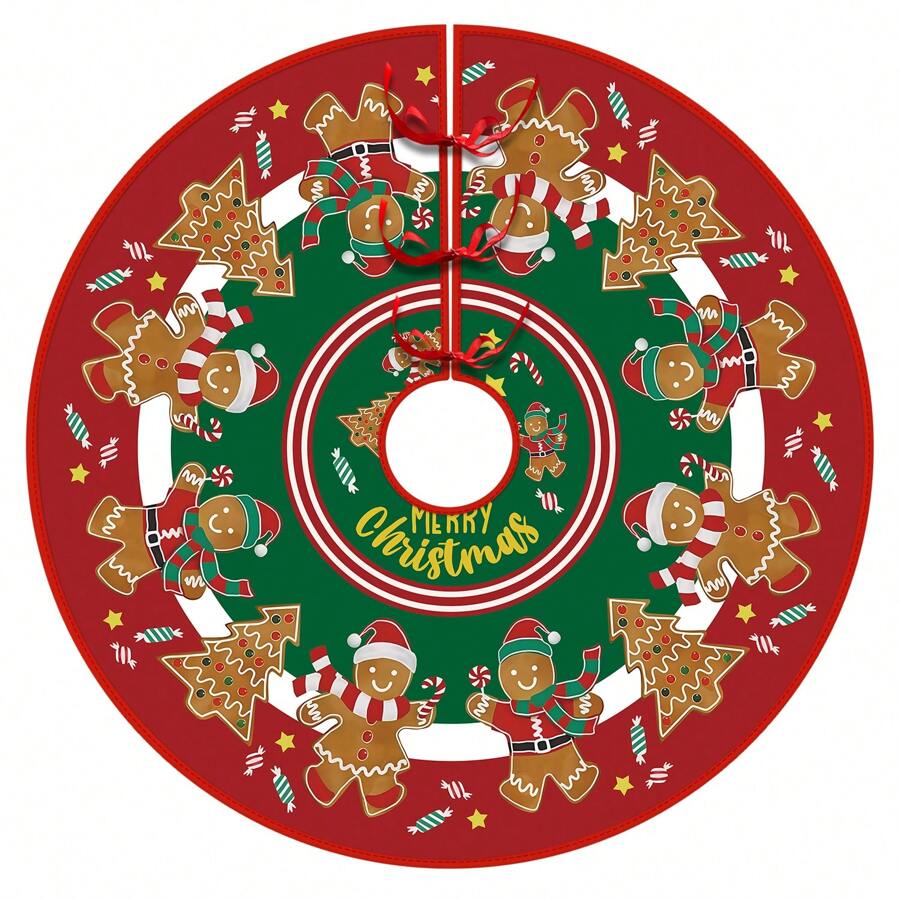 1pc Christmas Tree Skirt With Candy Bear & Biscuit Print, Holiday Decoration For Home Best Gifts Birthday Home Decor Christmas Decorations Room Decor Winter Christmas Decorations Home Christmas Gifts Christmas Decor - Multicolor - View 1
