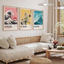 Set Of 3 Retro Japanese Scenery Art Prints, Japan Posters, Kanagawa Surfing Abstract Poster, Paintings Wall Art For Modern Living Room Decoration, No Frame,Canvas Gifts Birthday Graduation Coastal Decor Coastal Decor Beach Decor - Multicolor - View 3