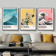 Set Of 3 Retro Japanese Scenery Art Prints, Japan Posters, Kanagawa Surfing Abstract Poster, Paintings Wall Art For Modern Living Room Decoration, No Frame,Canvas Gifts Birthday Graduation Coastal Decor Coastal Decor Beach Decor - Multicolor - View 1