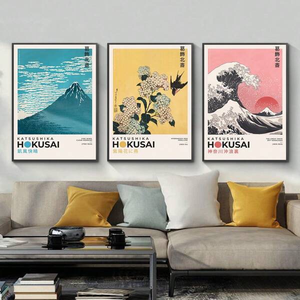 Set De 3 Rétro Japonais Paysage Art Imprimé , Affiches , kanagawa Surfant Abstrait Affiche , Peintures Art Mural Pour Moderne Salon Décoration , Cadre