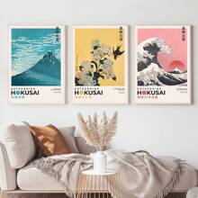 Set Of 3 Retro Japanese Scenery Art Prints, Japan Posters, Kanagawa Surfing Abstract Poster, Paintings Wall Art For Modern Living Room Decoration, No Frame,Canvas Gifts Birthday Graduation Coastal Decor Coastal Decor Beach Decor - Multicolor - View 5