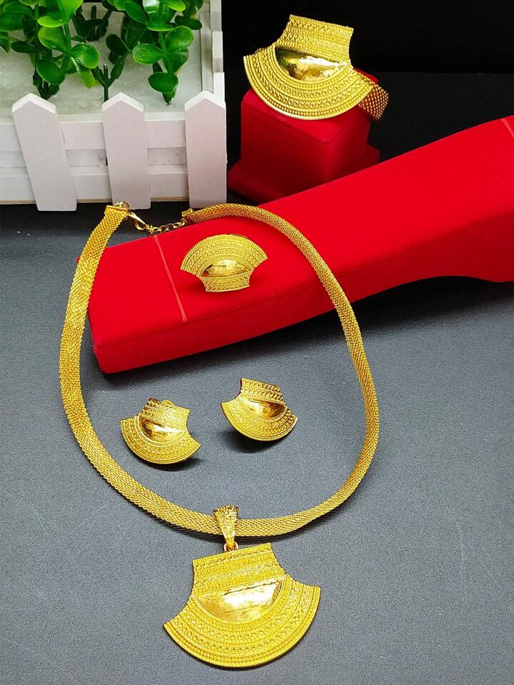 4pcs 24k Gold Plated Pendant Necklace Earrings Bracelet Ring