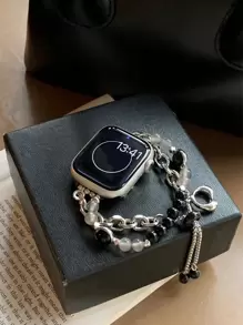 1 件黑玛瑙串珠表带配银链，简约日常佩戴表带，兼容 38/40/41/42/44/45 毫米，时尚手链表带，兼容 SE、Series 8/7/6/5/4/3/2/1