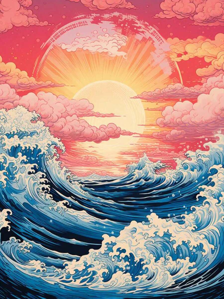 日落與海浪diy鑽石繪畫,diy家居裝飾手工藝吊飾十字繡全鑽圓形鑽石繪畫,創意卡通刺繡禮品定制 - 彩色 - 查看 1