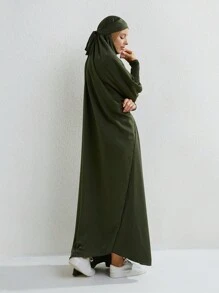 女士緞面長袖帶頭巾開襟袍,修身連身服裝,適用於休閒場合 - 軍綠色 - 查看 2