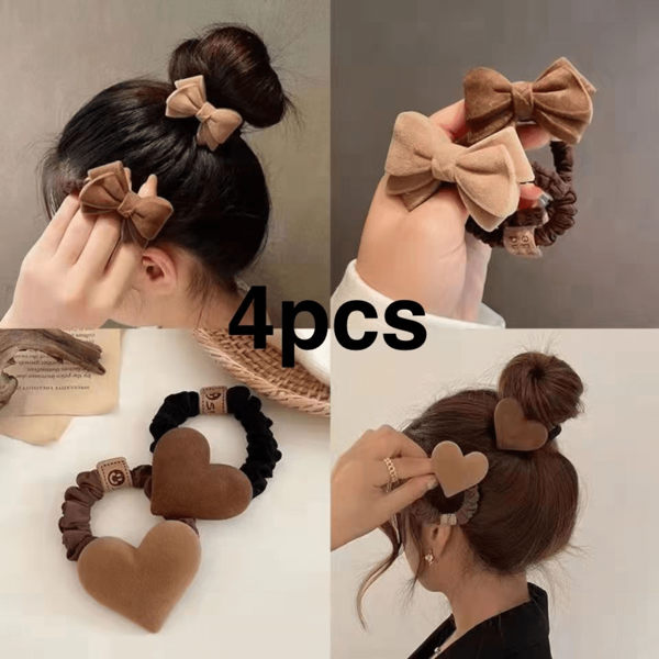 4pcs/Set Cute Heart-Shaped Flocking Bow Scrunchie For Hair Accessories,Ponytail,Hair Ties,Hair Elastics,Hair Rope Ponytail Holders