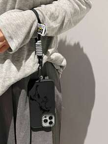 1pc Horse Pattern Electroplated Metal Frame Frosted Phone Case + 1 Nylon Hand Strap Compatible With IPhone - Black - View 3