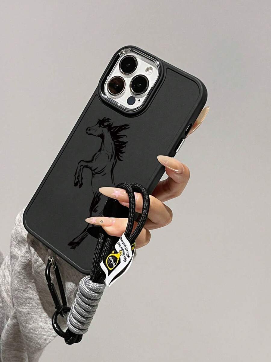 1pc Horse Pattern Electroplated Metal Frame Frosted Phone Case + 1 Nylon Hand Strap Compatible With IPhone - Black - View 1