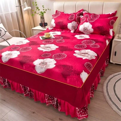 Set de 3 fuste de pat cu imprimeu floral, moi și respirabile (1 fustă de pat + 2 fețe de pernă), absorbante de umezeală, rezistente la șifonare, pentru toate anotimpurile, imprimare elegantă, potrivite pentru dormitor și hotel, lenjerie de pat simplă și economică