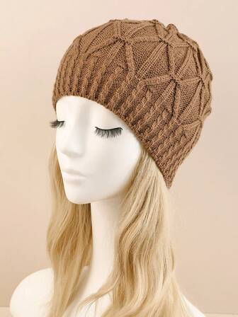 1 Pieza Sombrero De Esquí Para Mujer De Punto Con Un Solo Borde Con Patrón Trenzado En Color Caqui, Cálido Y A La Moda