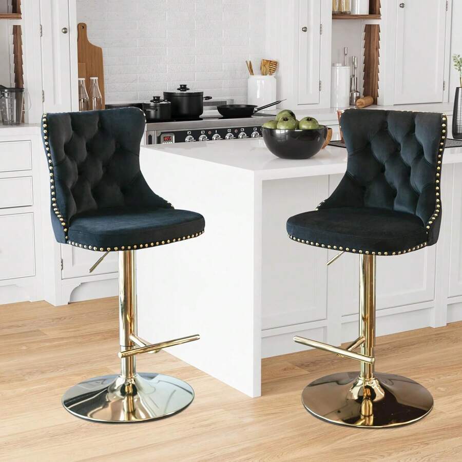 2/4/6 Piece Set Adjustable Swivel Bar Stools, Dining Bar Chairs With Velvet Tufted Back, Metal Base, Footrest For Home Bar, Dining Room, Kitchen Island. - Black-gold - View 1
