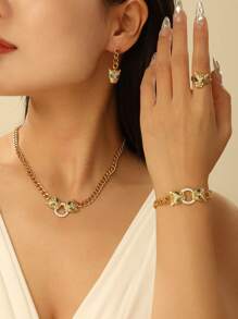 Ensemble De Bijoux En Acier Inoxydable Plaqué Or 18k Avec Tête De Léopard, 5 Pièces
