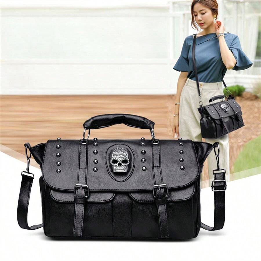 Goth Gothic 1pc Lady Skull & Rivet Decorated Flip Over Handbag With Detachable Shoulder Strap, Multi-Use Crossbody Bag, Perfectly Matching With Halloween Costumes Women