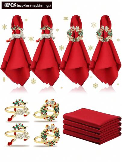 8pcs Mixed Set Including 4pcs Christmas Napkin Rings And 4pcs Red Napkins - Suitable For Christmas Table Decoration, Dinner Party