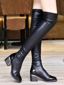 女式彈性過膝靴,秋冬時尚,塑形效果,韓國風格 - 黑色 - 查看 5