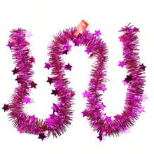 1pc 78.74inch/200cm Pink Christmas/New Year Decoration Tinsel Garland With Star Shaped Ribbon Bow, Ideal For Party/Home/Wedding Diy Decorations, Tree Decoration - Hot Pink - View 1