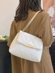 菱形拼接紋路軟呢方包,金屬裝飾鏈 - 白色 - 查看 3