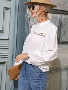 Blusa Hueca Informal Con Cuello Redondo Para Mujer - Blanco - Ver 5