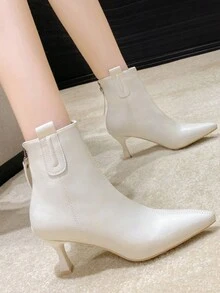 女款韓式尖頭細高跟踝靴，後拉鍊設計，冬季新品，時尚腰帶扣飾，增高套腳踝靴 - 白色 - 查看 2