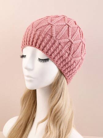 1pc Ladies' Pink Knitted Beanie Hat With Twisted Pattern, Single Layer, Stylish & Warm