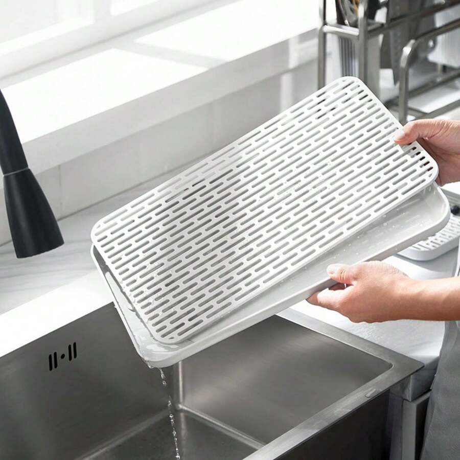 1pc Double Layer Plastic Dish Rack With Drain Tray For Storage Of Tableware, Fruits And Bowls - White - View 1