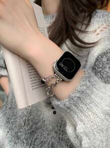 1 件黑玛瑙串珠表带配银链，简约日常佩戴表带，兼容 38/40/41/42/44/45 毫米，时尚手链表带，兼容 SE、Series 8/7/6/5/4/3/2/1